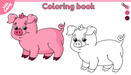 Page of kids coloring book with cartoon big pig. Color the outline picture. Cute pink swine. Educational activity sheet for preschool and school children. Vector baby illustration of funny farm animal