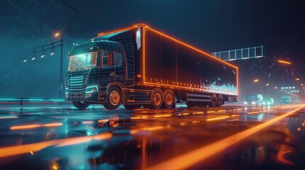 The futuristic truck with a trailer scene featuring a wireframe intersection and hitech HUD hologram concept
