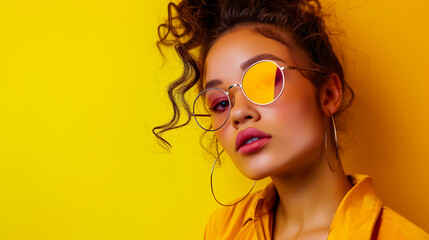 Stylish Young Woman with Trendy Sunglasses Against a Vibrant Yellow Background, Capturing Modern Fashion and Bold Attitude