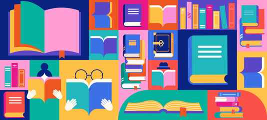 Book festival, books sale, back to school concept design. Colorful vector design and illustrations