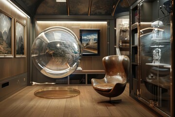 This avantgarde mockup places art frames in a rotating bubble, offering a 360degree viewing experience