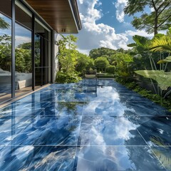 An outdoor patio designed with blue marble tiles, reflecting the sky above in their polished surfaces, surrounded by lush greenery for a tranquil setting.