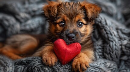 A cute puppy with a paper heart in its paws on a grey background with a copy of the space