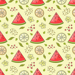 Bright juicy summer pattern with slices of watermelon, orange and lemon