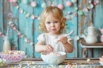 little blonde girl cook food and look at camera, family values, festive mood, gift to mother, grandmother