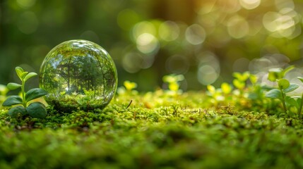 Environment. Glass Globe On Grass Moss In Forest - Green Planet With Abstract Defocused Bokeh Lights - Environmental Conservation Concept