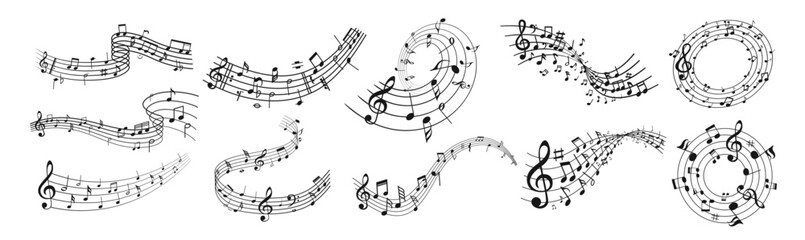 Music notes wave isolated, group musical notes background. Musical notes melody on transparent background © Pavlo