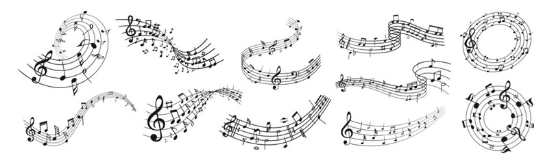 Obraz premium Music notes wave isolated, group musical notes background. Musical notes melody on transparent background