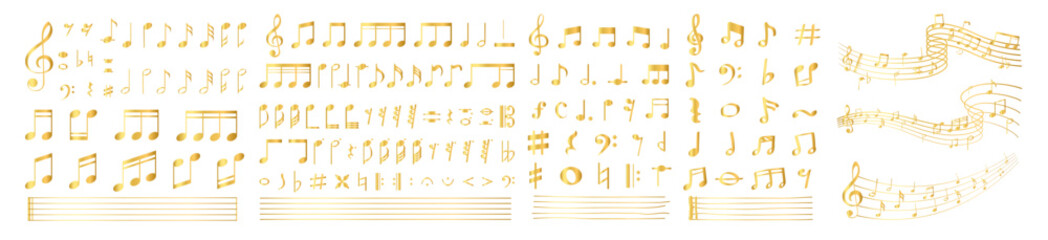 set of gold musical notes or musical notes symbols in golden color