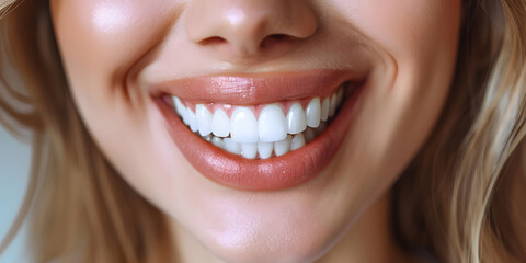 Fototapeta premium Beautiful young woman female smiling showing perfect white teeth. Dental stomatology whitening and treatment advertisement concept.
