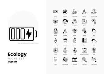 ecology icons collection. Set contains such Icons as Tree, Leaf, Recycle, Earth, Globe, Nature, Eco-friendly, Sustainability, Green Energy, and more