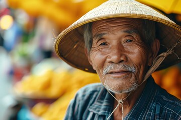 Portrait of a senior man with a gentle smile wearing an iconic conical hat