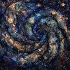 Swirls of thick, dark watercolor on a textured background, creating an abstract night sky filled with stars, nebulae, and galaxies in swirling cosmic patterns.