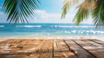 A wooden table surrounded by sandy beach and tall palm trees against a clear blue sky - Powered by Adobe