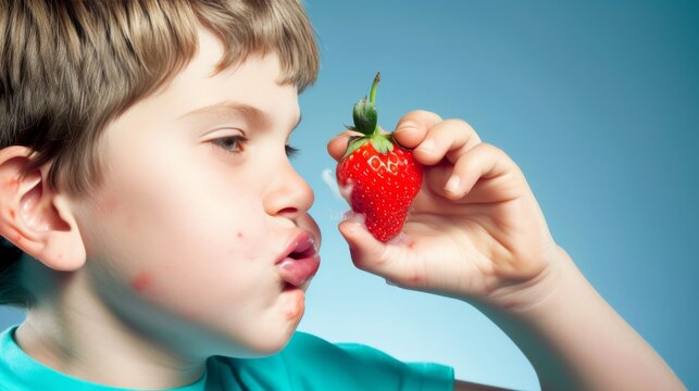 A young child examining a strawberry, with visible allergic reactions on the face, in a conceptual health image.