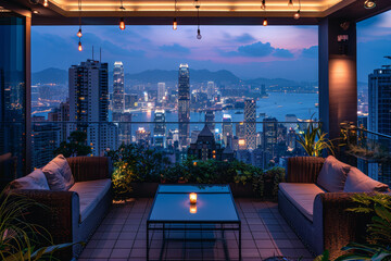 A rooftop terrace overlooking the city skyline, where the twinkling lights below inspire lofty...