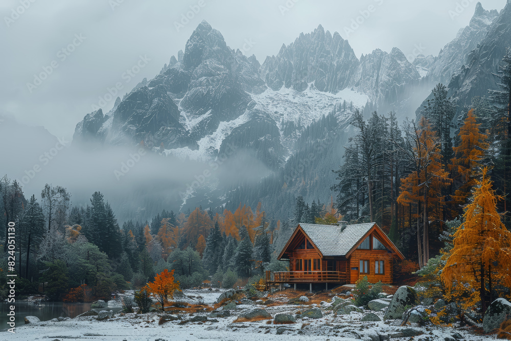 Wall mural a secluded mountain cabin surrounded by towering peaks and ancient forests, where the solitude of na