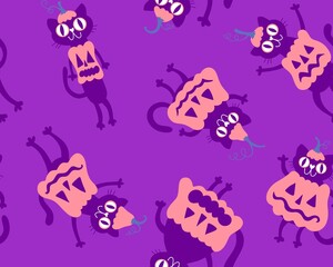 Halloween animals seamless cats and pumpkins pattern for wrapping paper