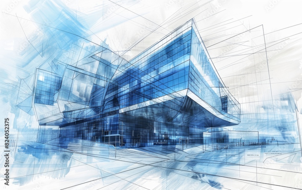 Wall mural Abstract blue architecture sketch of a modern building.