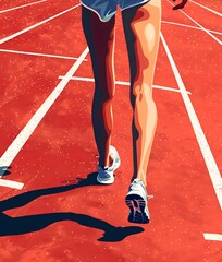 Runner feet running on red sport track road, closeup illustration. Running sport competition, game jog workout
