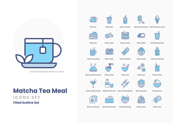matcha tea meal icons collection. Set contains such Icons as matcha, green tea, japanese cuisine, tea ceremony, bamboo whisk, tea bowl, tea leaves, and more