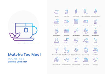 matcha tea meal icons collection. Set contains such Icons as matcha, green tea, japanese cuisine, tea ceremony, bamboo whisk, tea bowl, tea leaves, and more
