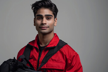 Obraz premium Food Delivery Man in Red Jacket: Close-Up Portrait with Delivery Bag and Confident Expression