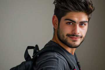 Fototapeta premium Confident Food Delivery Man: Close-Up with Delivery Bag and Beard in Black Shirt