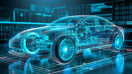 hologram of 3d model of electric car engineering, futuristic project and development of vehicle, transportation concept, electronics in auto industry, holographic modern design