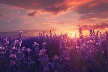 A vast lavender field in full bloom under a clear sky