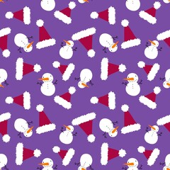 Cartoon Christmas seamless snowman and Santa hat pattern for wrapping paper