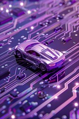 hologram of 3d model of electric car on circuit board, futuristic transportation concept, electronics in auto industry, holographic modern design