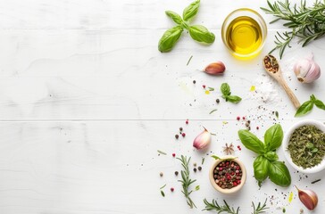 Flat lay composition with fresh herbs and spices on white wooden background, space for text