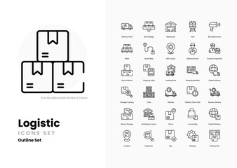 logistics icons collection. Set contains such Icons as truck, ship, plane, warehouse, delivery, package, forklift, pallet, route, cargo, container, freight, and more