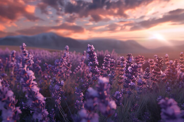Naklejka premium A vast lavender field in full bloom under a clear sky