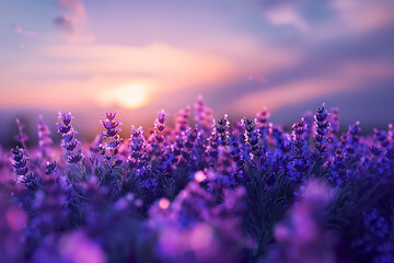 Naklejka premium A vast lavender field in full bloom under a clear sky
