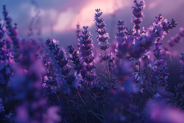 A vast lavender field in full bloom under a clear sky