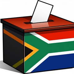 Ballot box with the South African flag on it and an empty white paper inserted in the slot in the ballot box. 