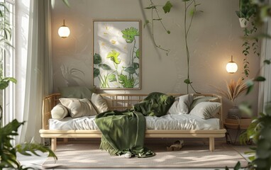 Bright and airy room with botanical art, comfy daybed adorned with green throw, and ambient lighting.