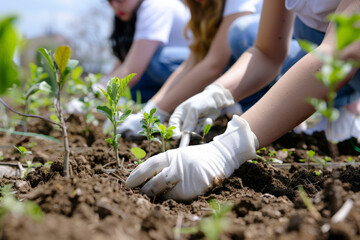 Young environmentalists planting trees and conducting soil tests in a community garden, promoting sustainability and environmental stewardship.  Generative Ai.