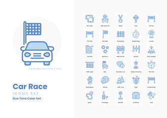 Car racing icons collection. Set contains such Icons as racecar, speed, finish line, checkered flag, pit stop, helmet, racing suit, track, grand prix, lap, and more