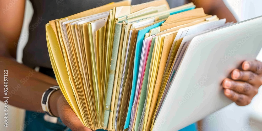 Aufkleber Efficient Document Handling: A Professional Organizing a Large Stack of Papers Over a Laptop, Highlighting the Demands and Efficiency Required in Modern Office Workflows, Generative AI