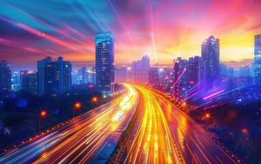 Cityscape at dusk with radiant beams and vibrant light trails.
