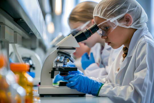 Eager junior scientists exploring the microbial world through a microscope, observing bacteria and microorganisms in samples from different environments.  Generative Ai.