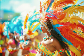 A vibrant Brazilian carnival procession, with revelers adorned in colorful costumes dancing to the rhythmic beat of samba music. Concept of cultural festivity and jubilation. Generative Ai.