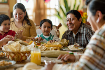 A Mexican family sharing laughter and stories around a table laden with tamales and tacos, embracing the joy of togetherness. Concept of cultural cuisine and familial warmth. Generative Ai.