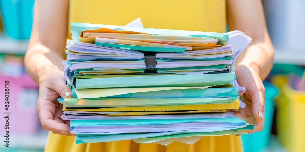 Poster Organized Office: A Person Holding a Colorful Stack of Folders and Documents, Representing Effective File Management and Organization in a Busy Workplace Environment, Generative AI