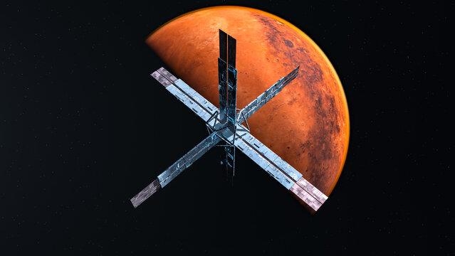 GeoModule Satellite Orbiting a Mars-like Planet in Space
