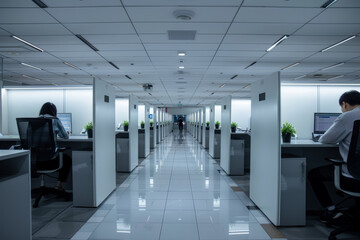 Fototapeta premium A row of cubicles where workers diligently multitask, fielding phone calls, responding to emails, and attending virtual meetings. Concept of multitasking and time management. Generative Ai.