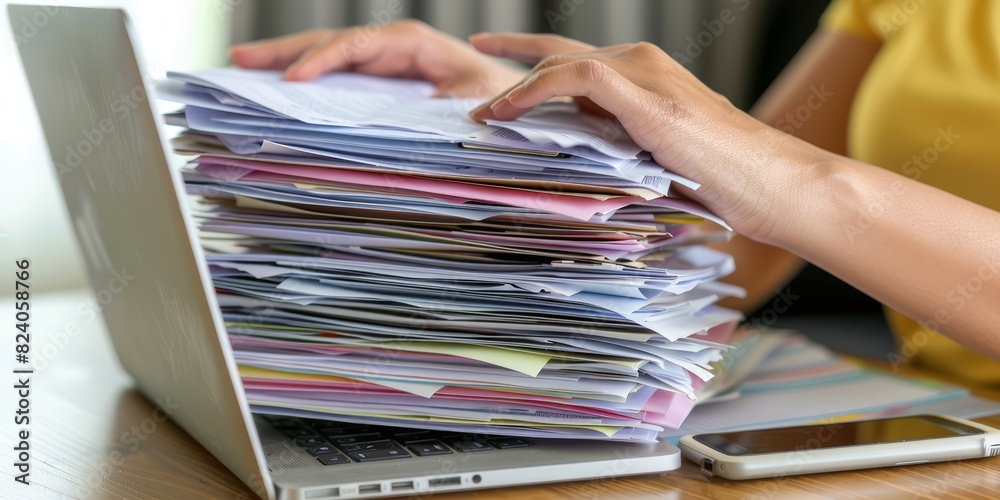 Poster close-up of hands managing documents and typing on a laptop, representing productivity, organization